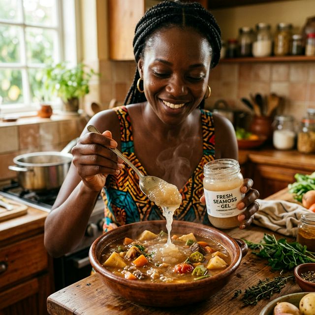 Close up of a Caribbean person adding seamoss gel to stew