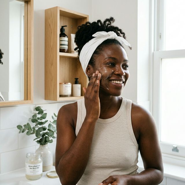A Black person in the UK applying clear seamoss gel as a hydrating face mask