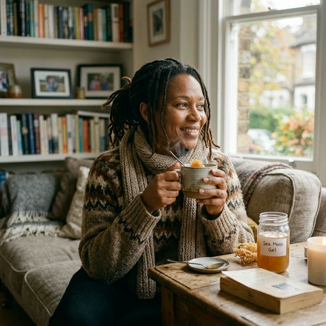 A Black person in the UK enjoying a warm drink with seamoss gel